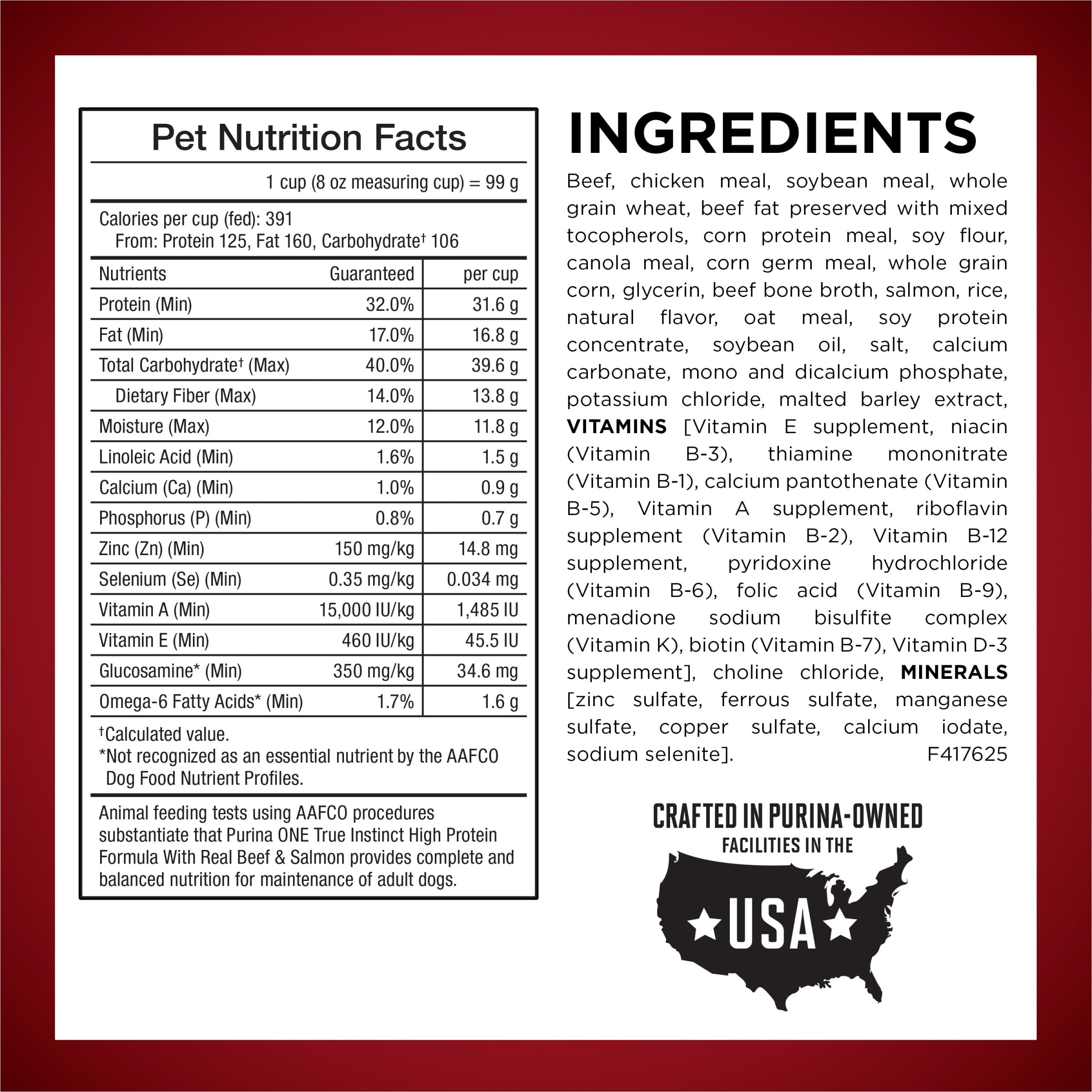 Purina ONE ingredient label focused on real beef first ingredient