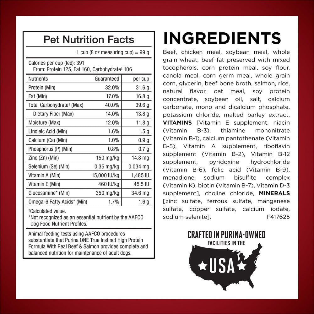 Purina ONE ingredient label focused on real beef first ingredient