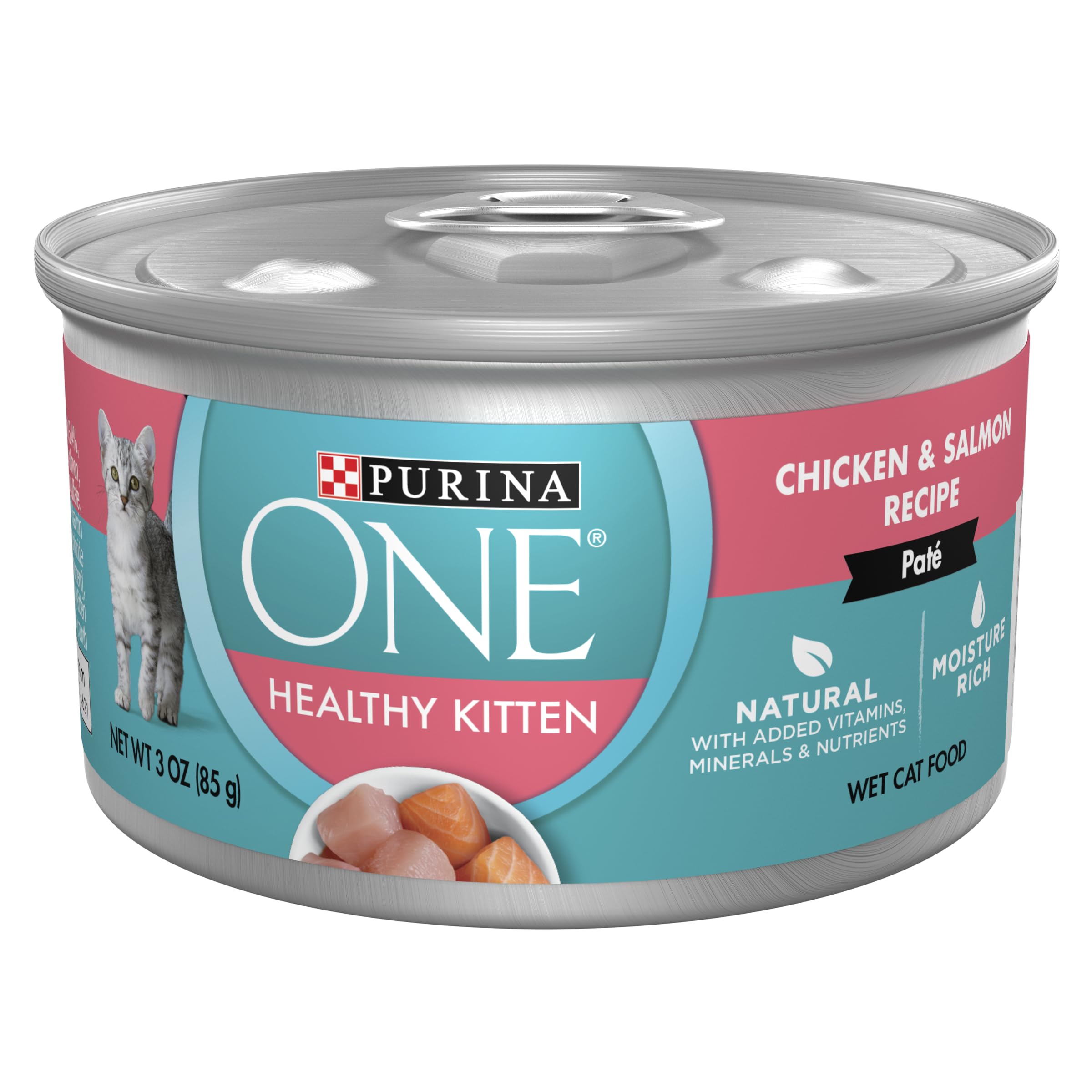 Purina ONE front packaging showing 24-pack and kitten benefits