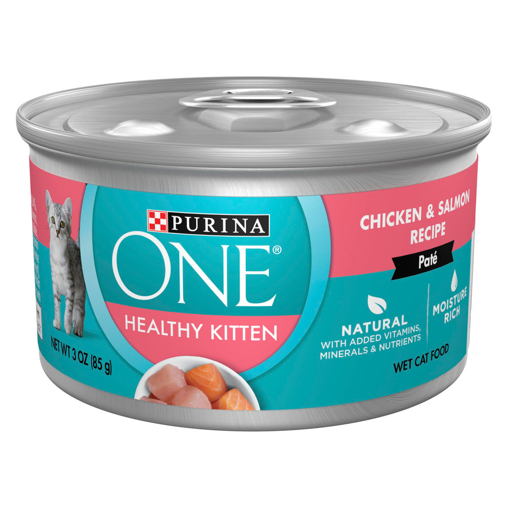Purina ONE front packaging showing 24-pack and kitten benefits