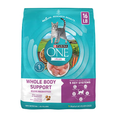 Purina ONE front packaging showing 16 lb bag and whole body support benefit
