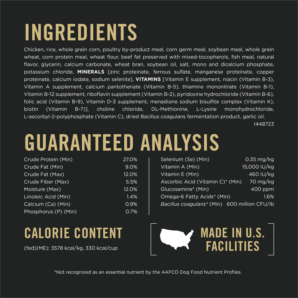Purina Pro Plan bag back label showing guaranteed probiotics and facts