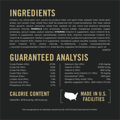 Purina Pro Plan bag back label showing guaranteed probiotics and facts