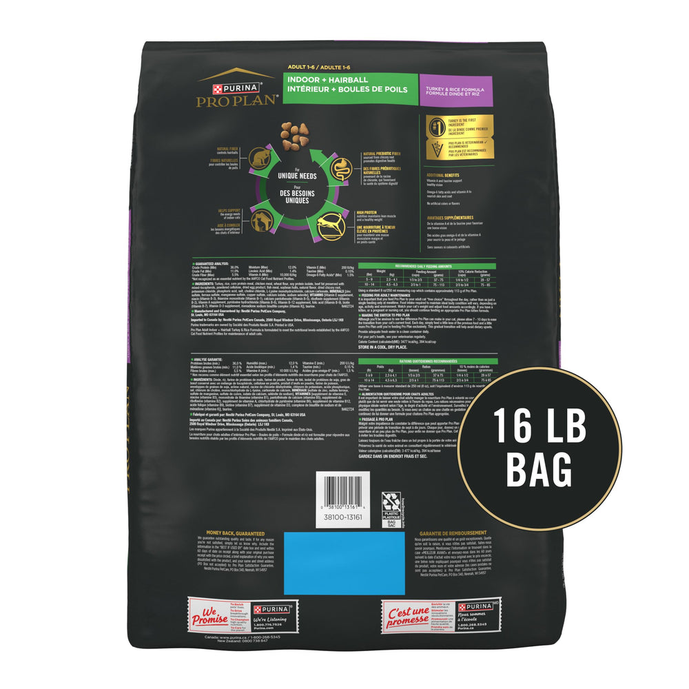 Purina Pro Plan bag back with nutrition details highlighting complete balanced diet
