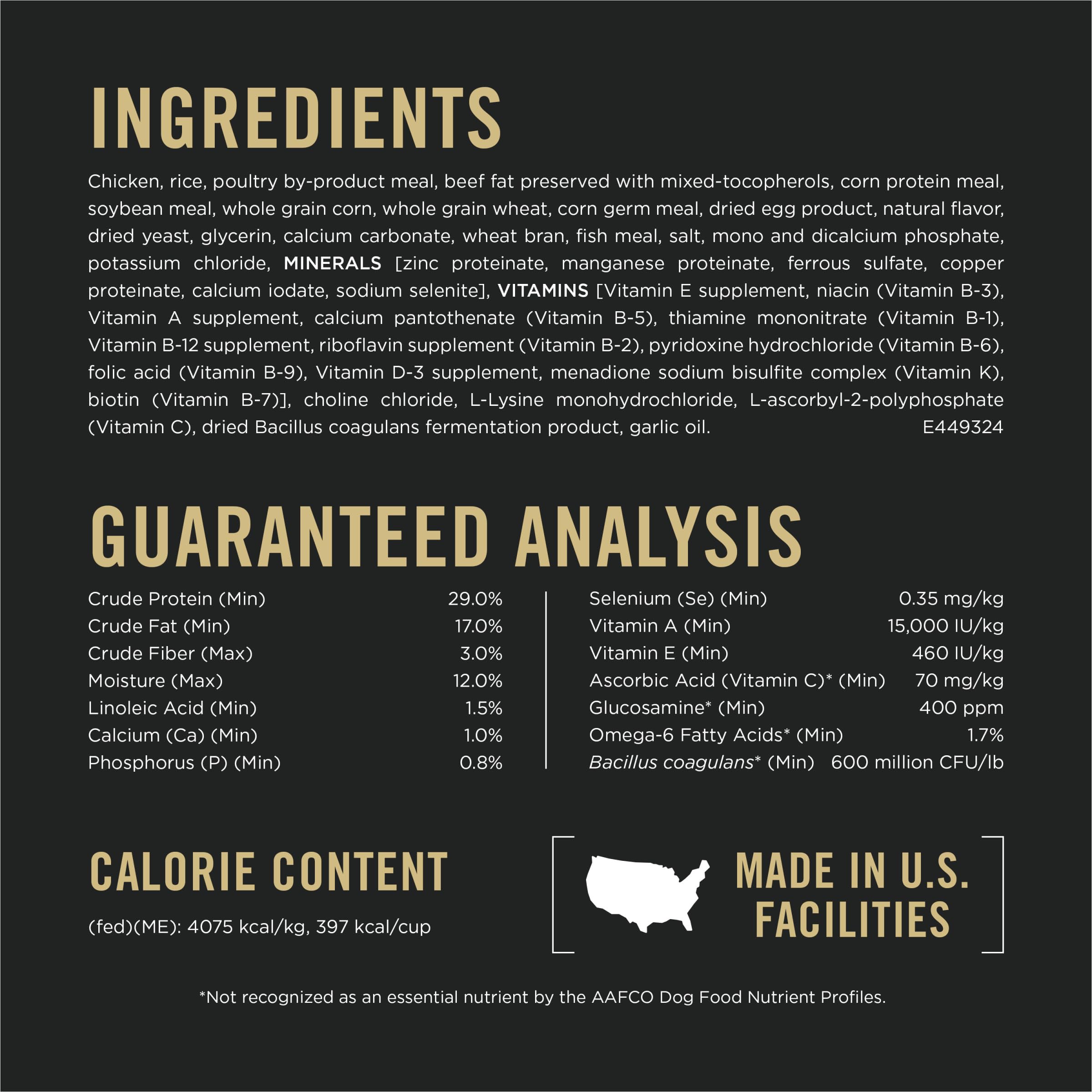 purina pro plan label close-up listing real chicken first ingredient and nutrients