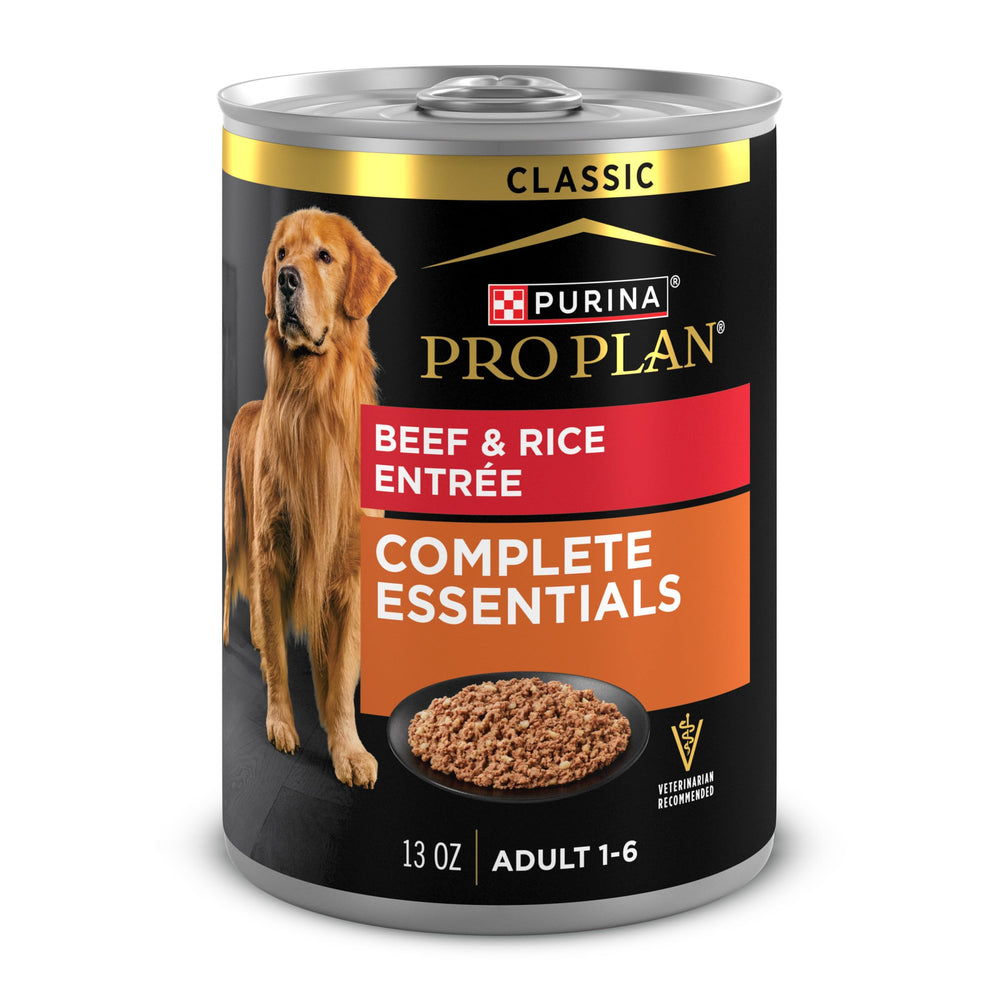Purina Pro Plan front can showing beef and rice benefits