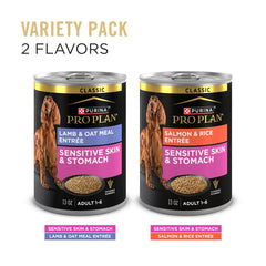 Purina Pro Plan opened lamb and oat meal can showing tender meat pieces