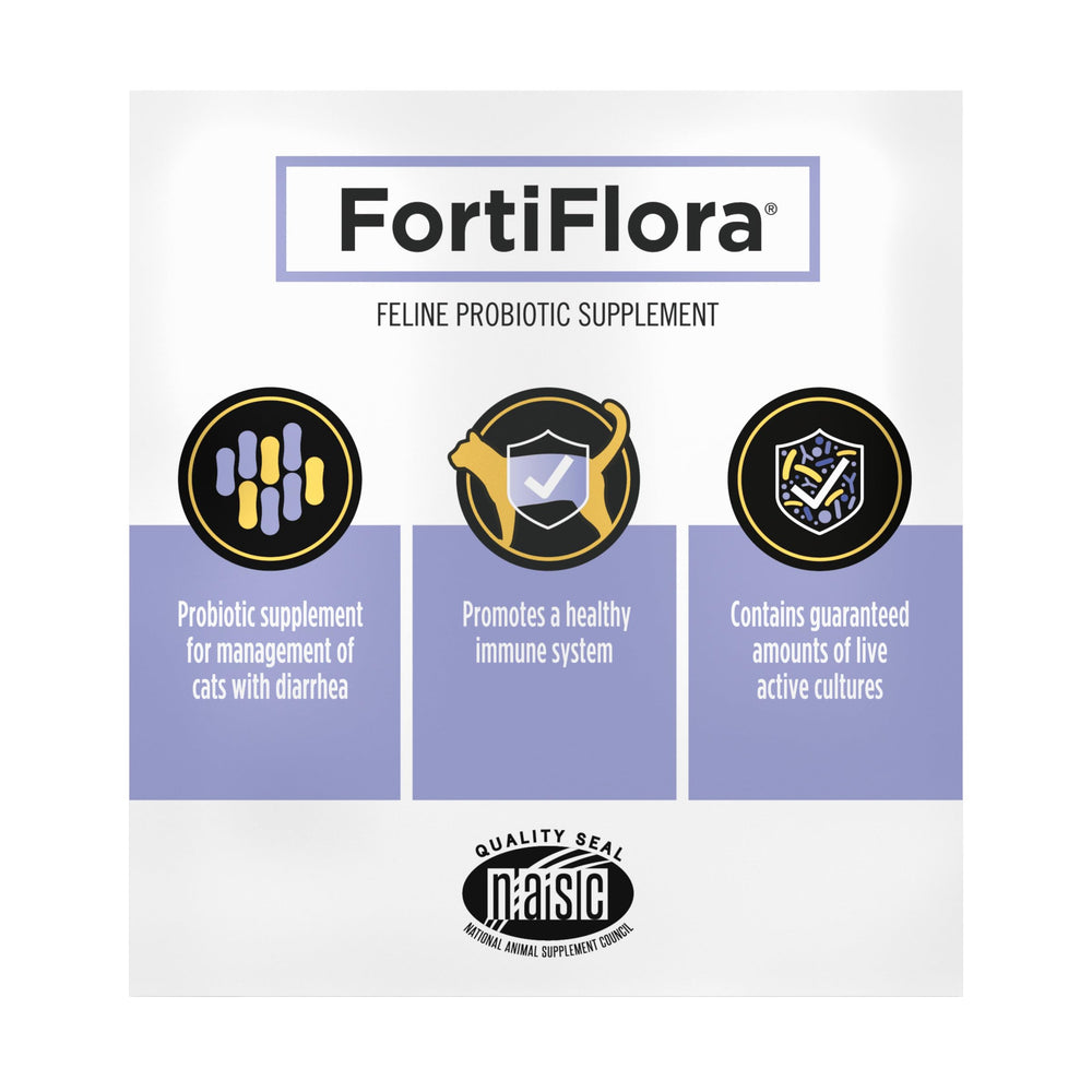 Purina Pro Plan FortiFlora box opened to display thirty individual packets neatly