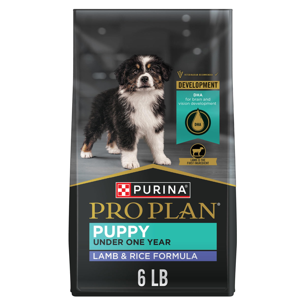 Purina Pro Plan front of bag showing lamb and rice formula benefits