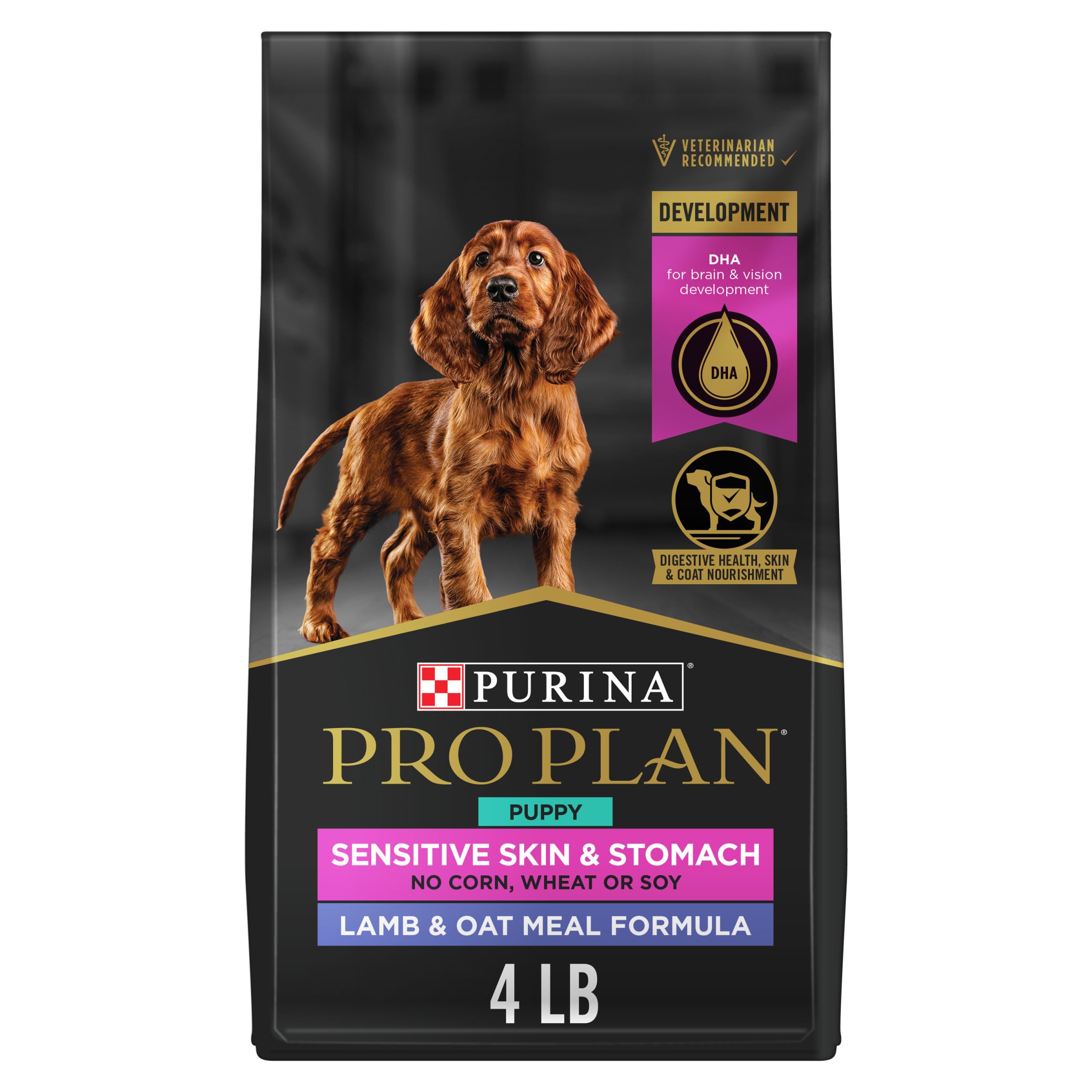 Purina Pro Plan front packaging showing lamb and oat meal benefits