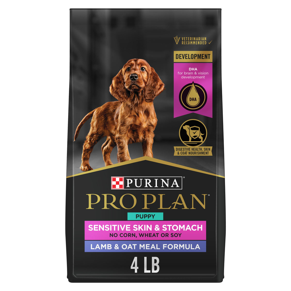 Purina Pro Plan front packaging showing lamb and oat meal benefits