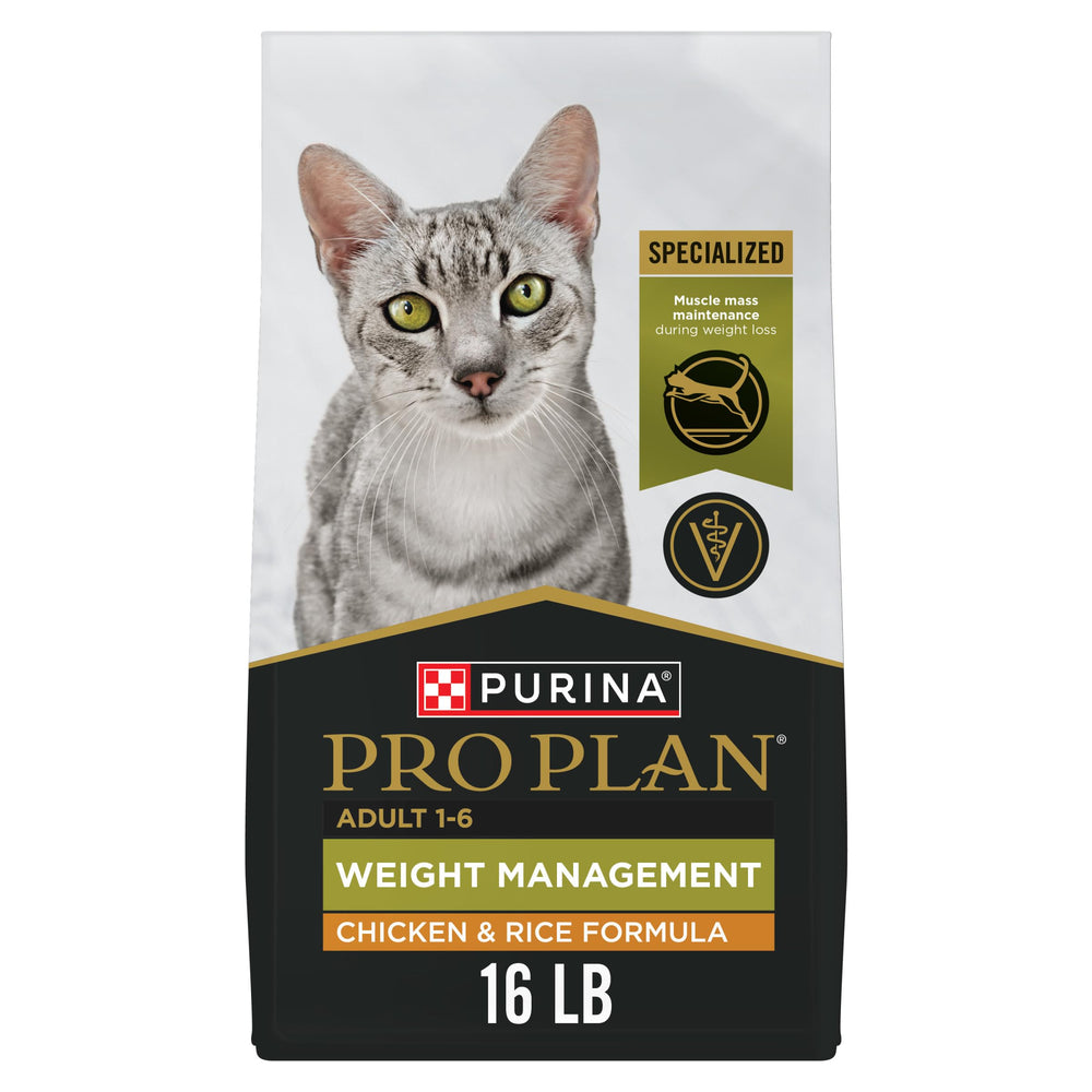 Purina Pro Plan front packaging showing 16 lb bag and weight management benefit