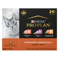 Purina Pro Plan front packaging showing 24 cans and variety benefits