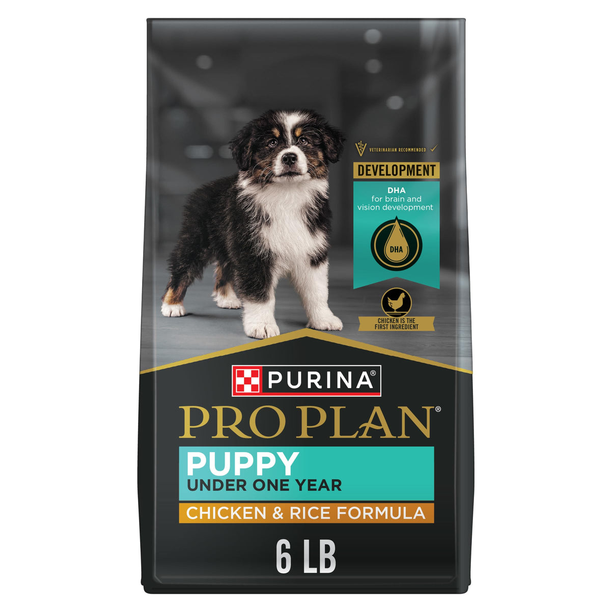 Purina Pro Plan front packaging showing chicken and rice benefits
