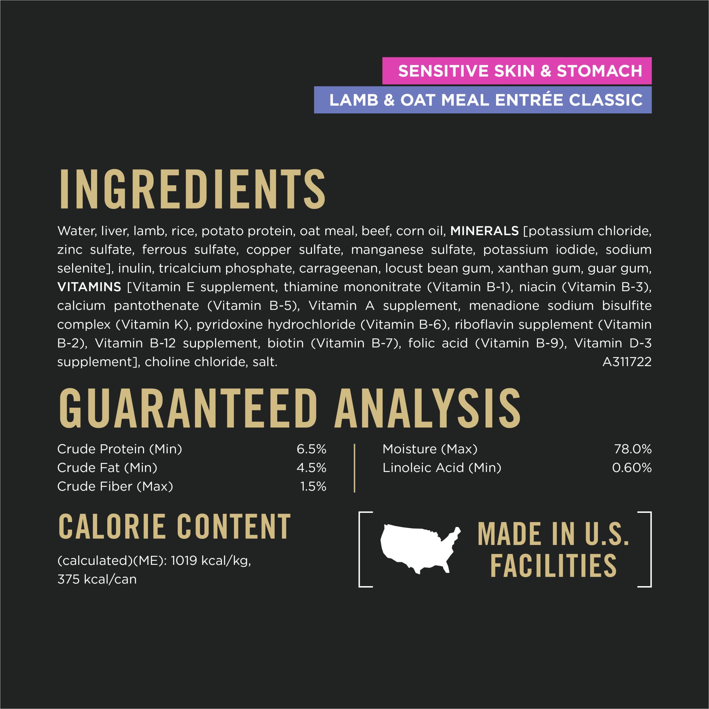 Purina Pro Plan lamb and oat meal ingredients in bowl showing gentle grains