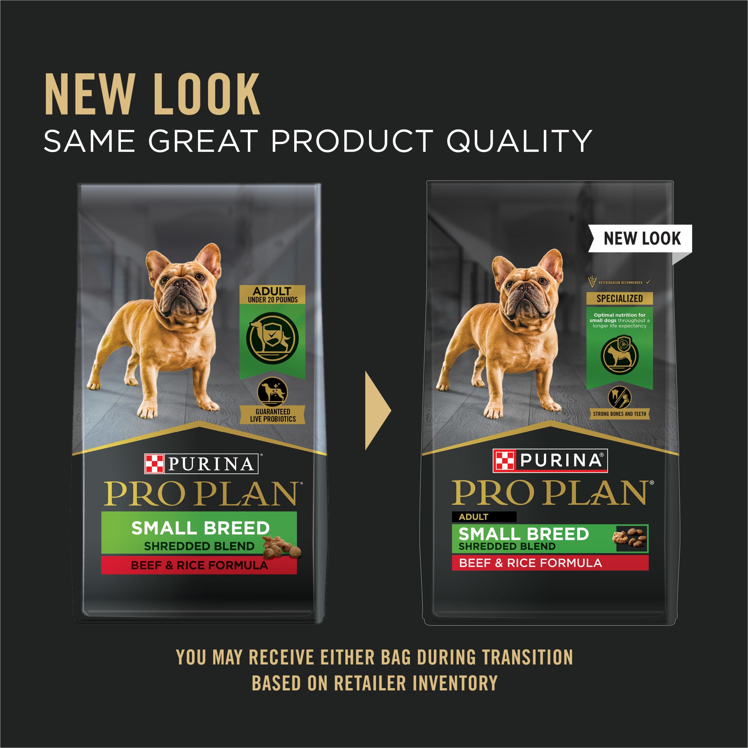 Purina Pro Plan close-up of crunchy kibble and tender shreds energizing small dogs