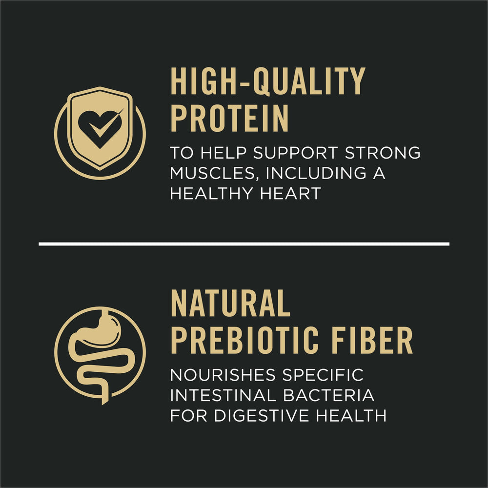 Purina Pro Plan closeup of crunchy kibble and tender shredded pieces for palatability