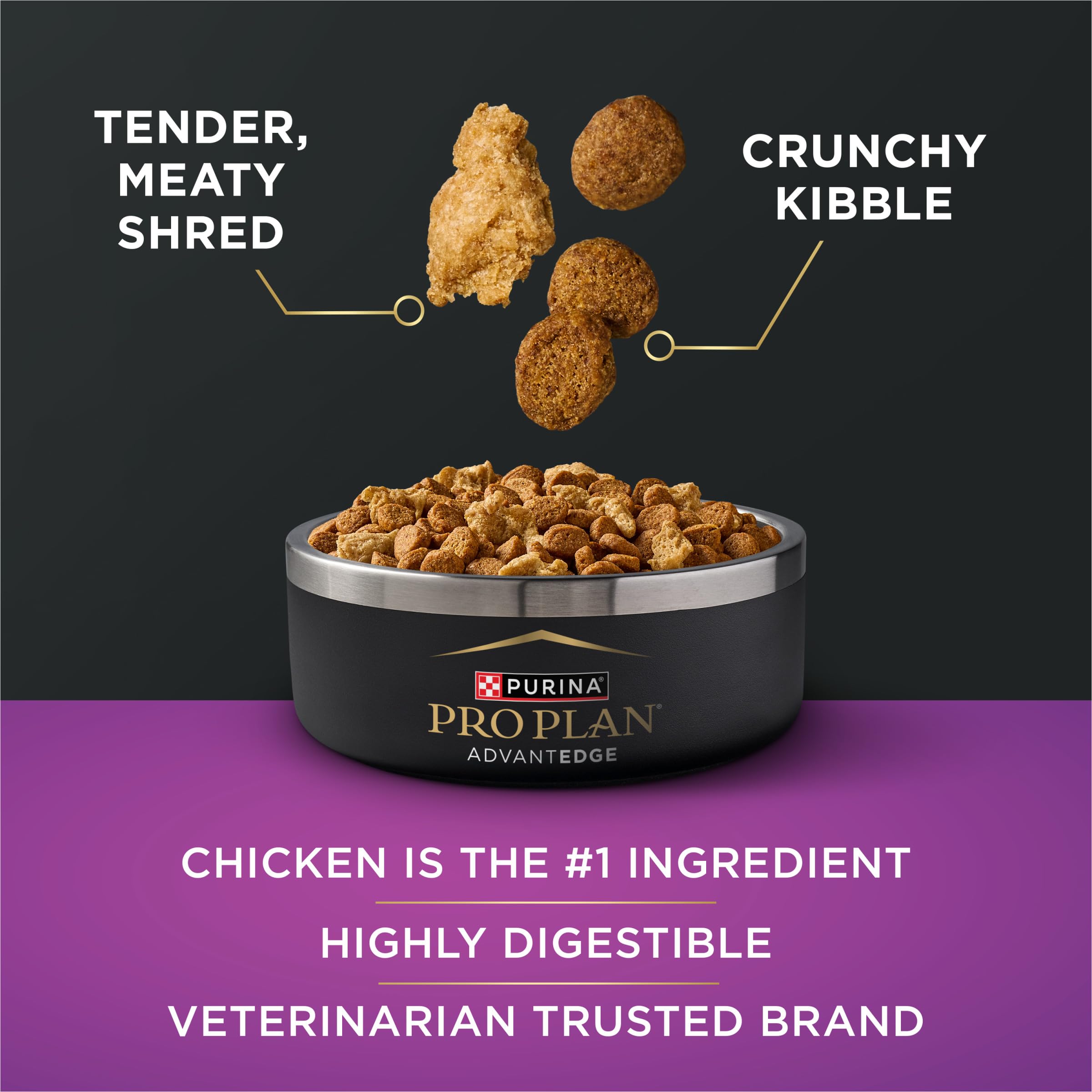Purina Pro Plan kibble and shred size comparison showing small-breed fit