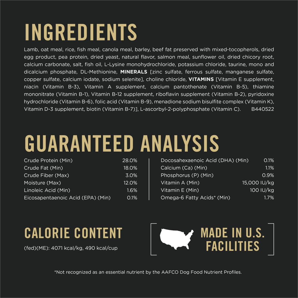 Purina Pro Plan nutrition label close-up highlighting key nutrients