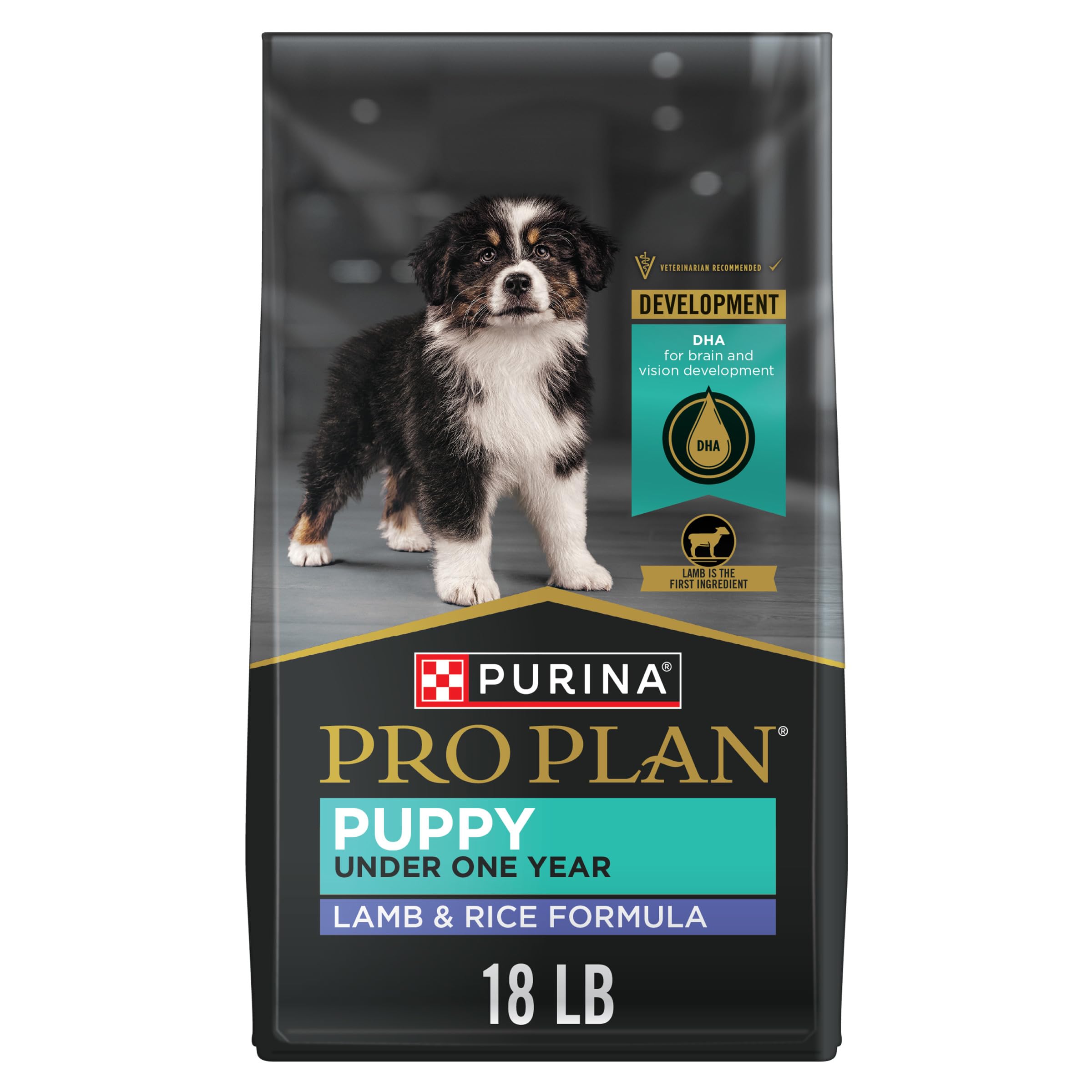 Purina Pro Plan front bag showing lamb and rice benefits