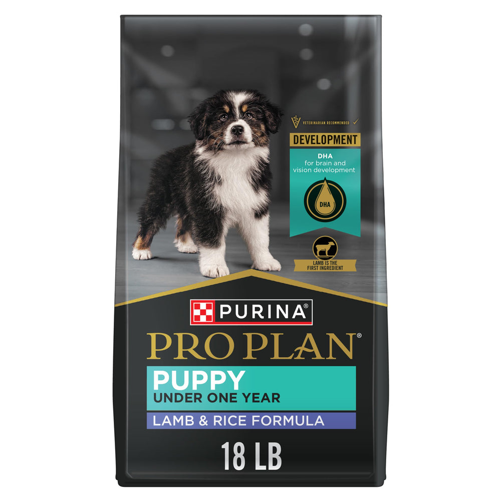 Purina Pro Plan front bag showing lamb and rice benefits