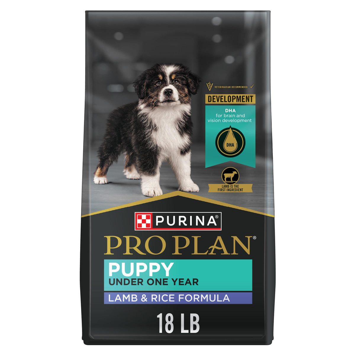 Purina Pro Plan front bag showing lamb and rice benefits