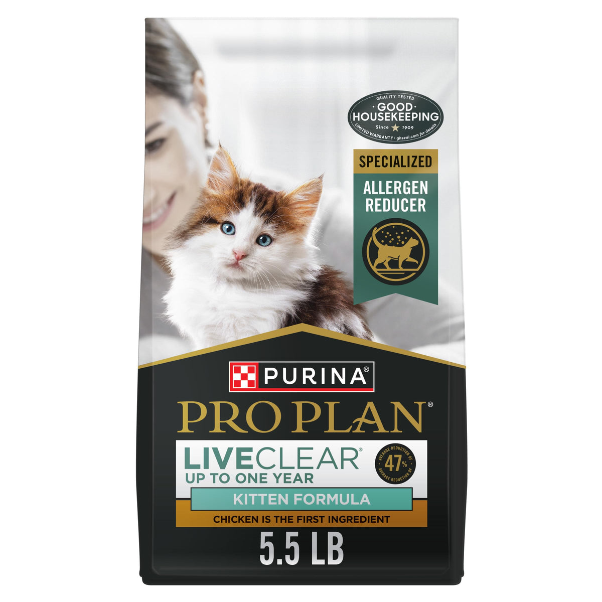 Purina Pro Plan LiveClear bag front view showing product branding and benefits