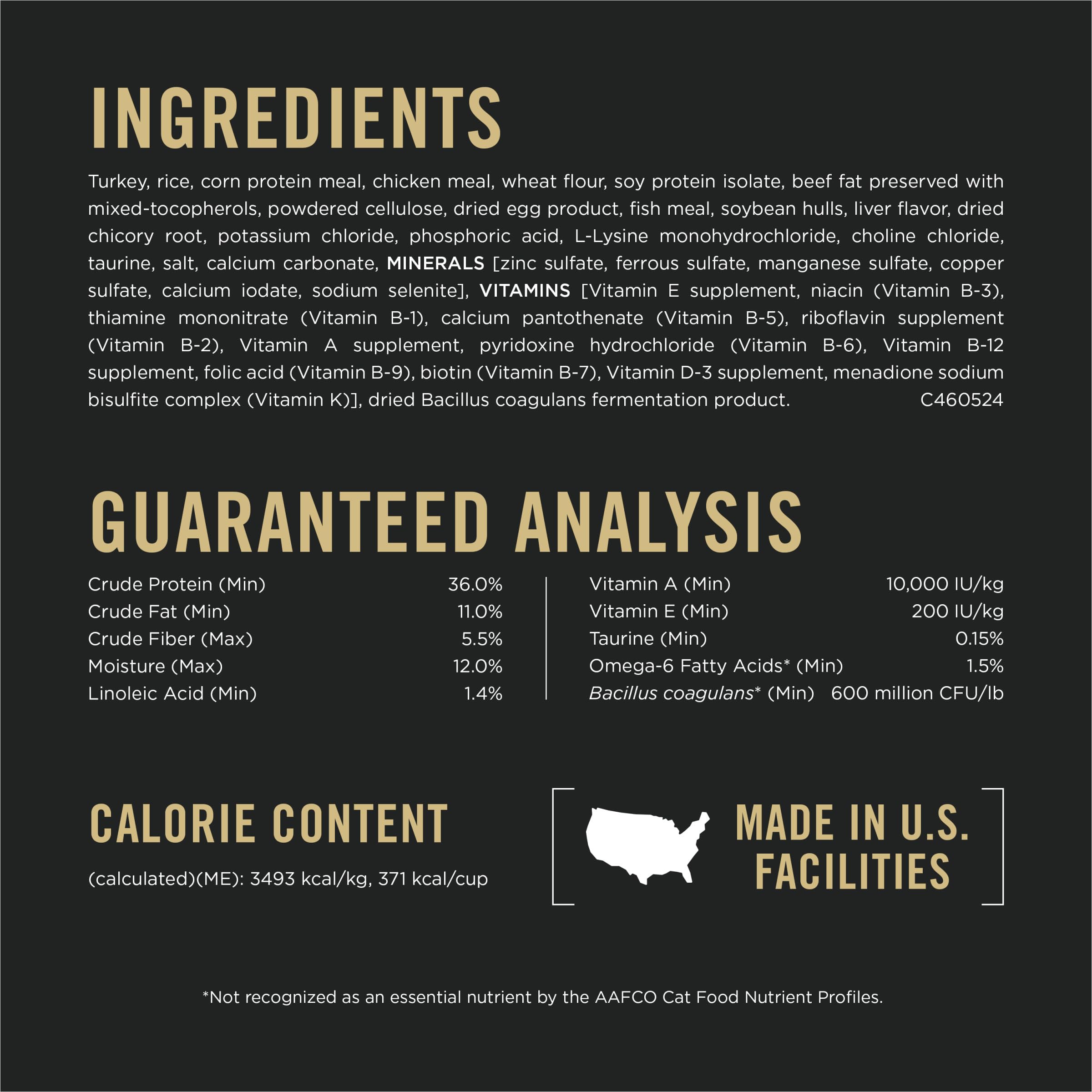 Purina Pro Plan nutritional panel label showing guaranteed analysis