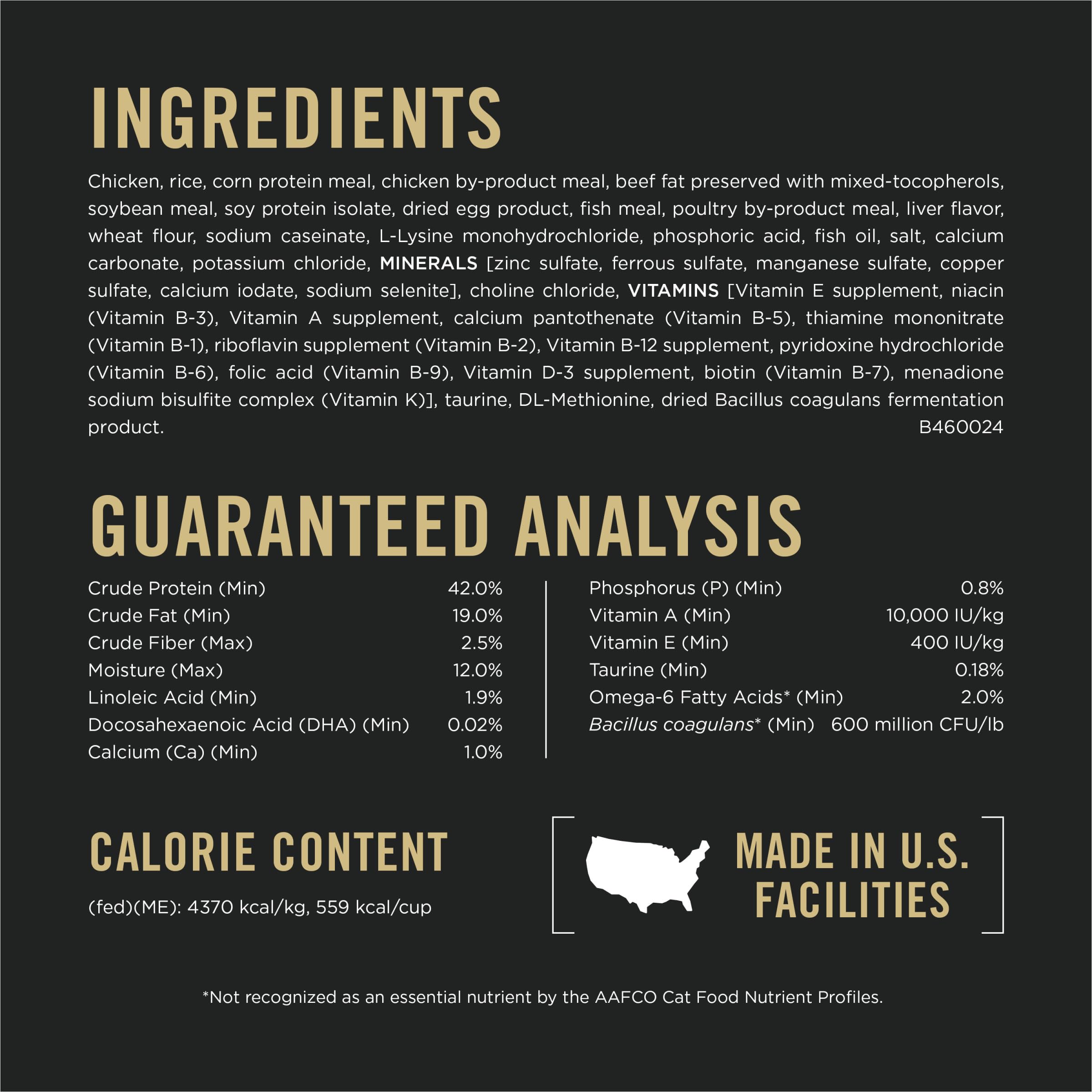 Label close-up showing Purina Pro Plan LiveClear probiotics and formula details
