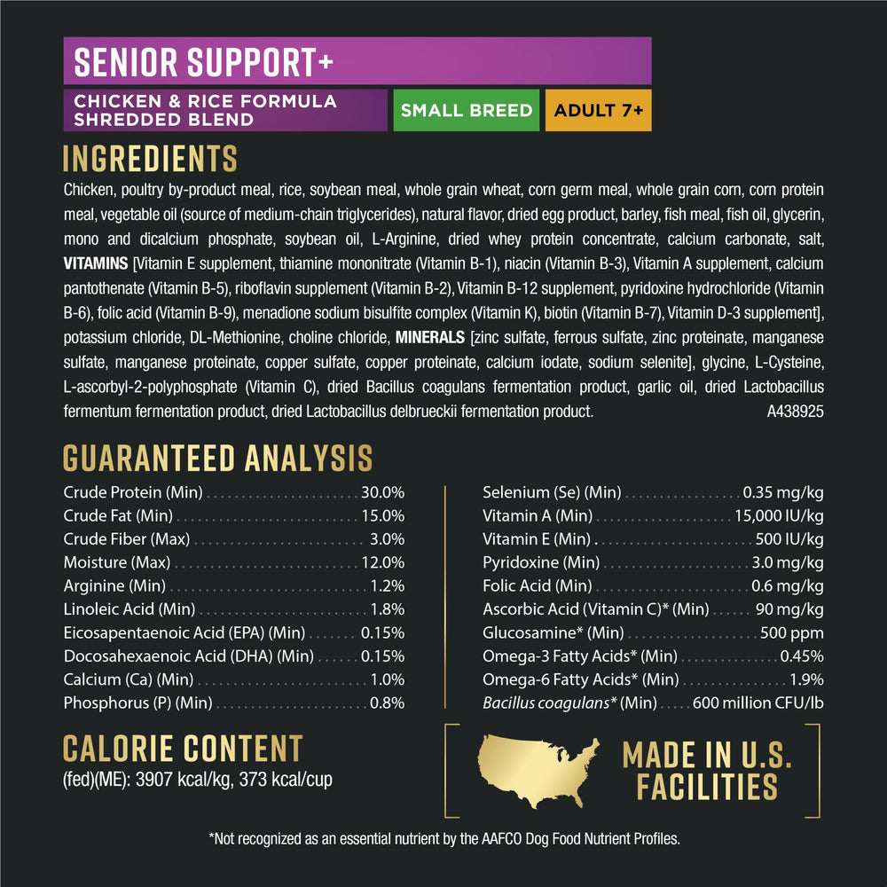 Nutrition panel of Purina Pro Plan showing targeted senior-support nutrients