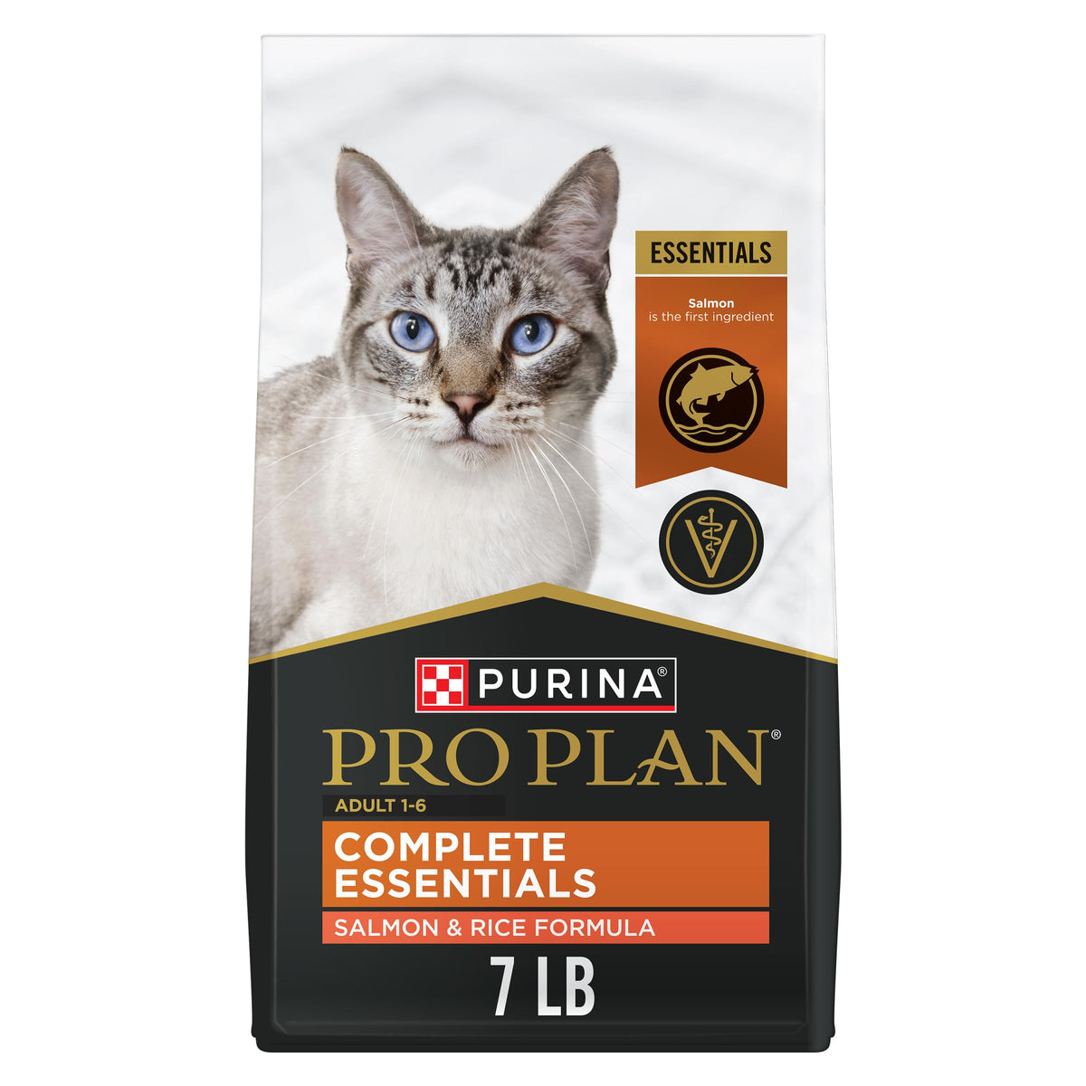 Purina Pro Plan bag front view showing salmon recipe and 7 lb size benefit