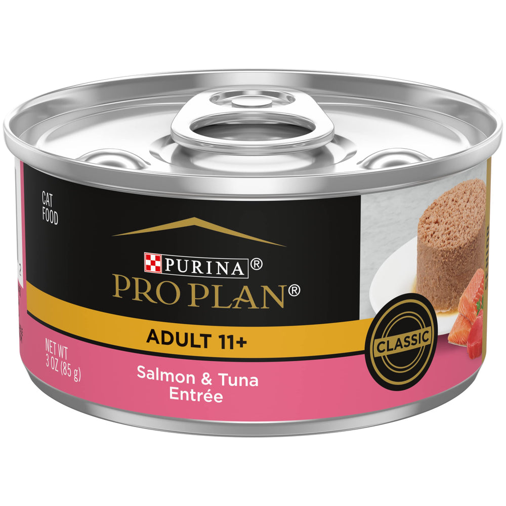 Purina Pro Plan front packaging showing senior salmon and tuna cans promoting balanced nutrition