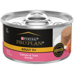 Purina Pro Plan front packaging showing senior salmon and tuna cans promoting balanced nutrition