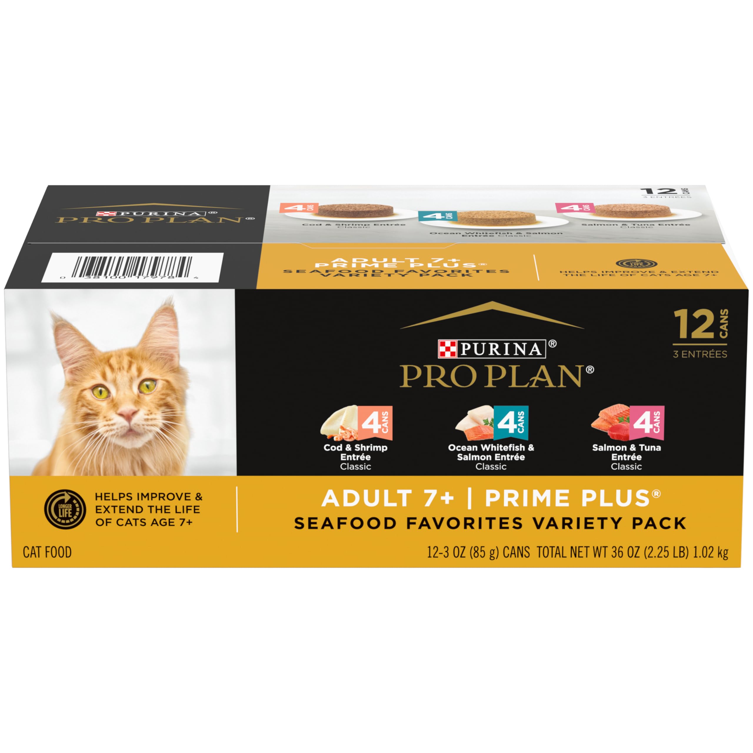 Purina Pro Plan senior variety pack front packaging showing can assortment and convenience