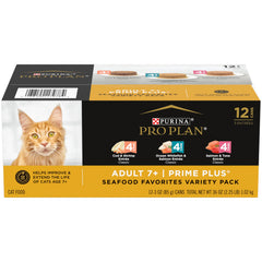 Purina Pro Plan senior variety pack front packaging showing can assortment and convenience