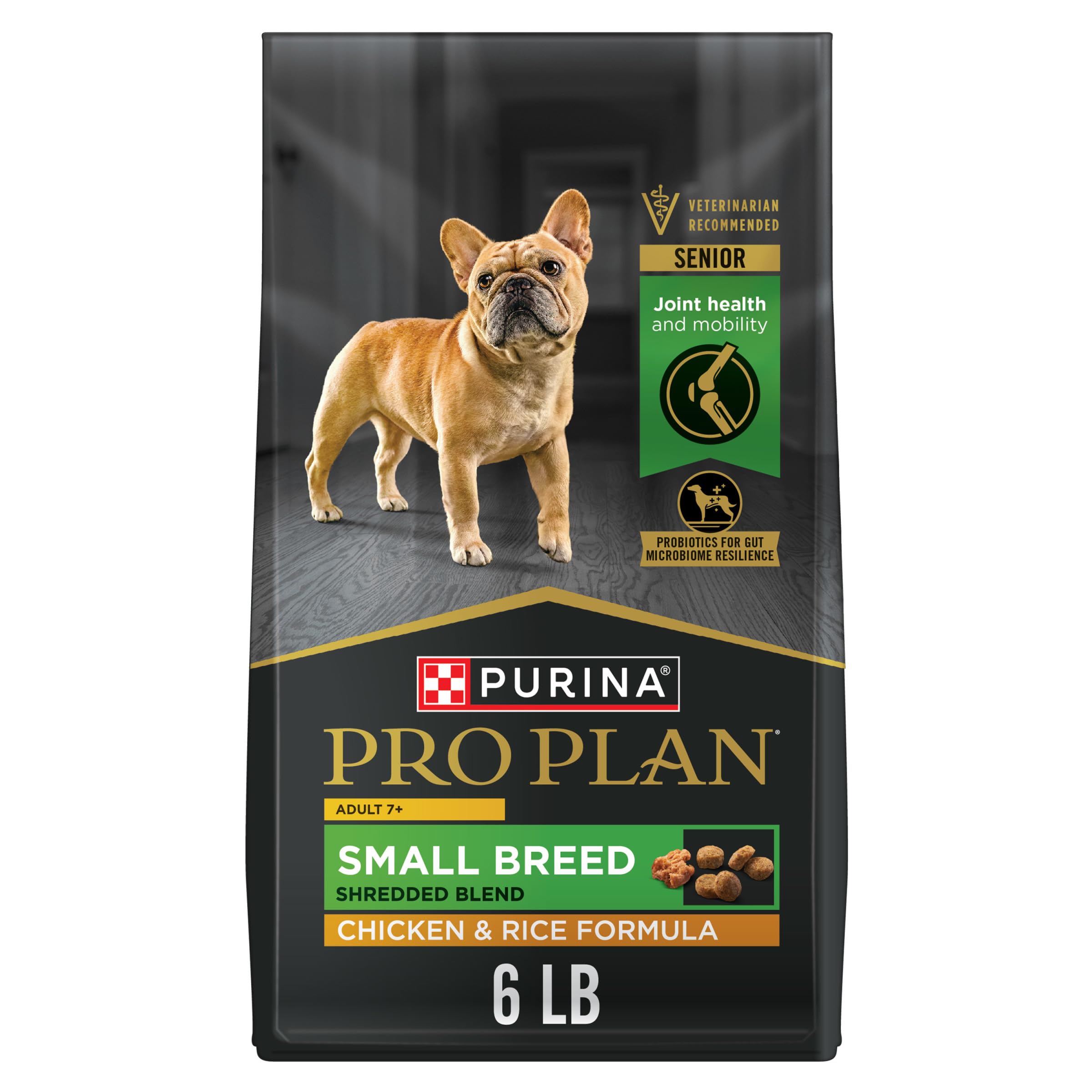 Purina Pro Plan front packaging shows senior small-breed formula and benefits
