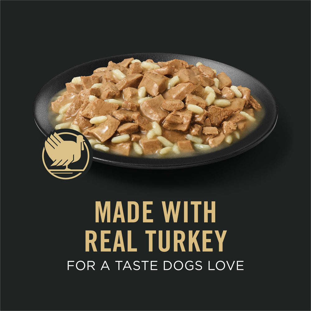 Purina Pro Plan close-up turkey and rice in gravy highlighting palatability