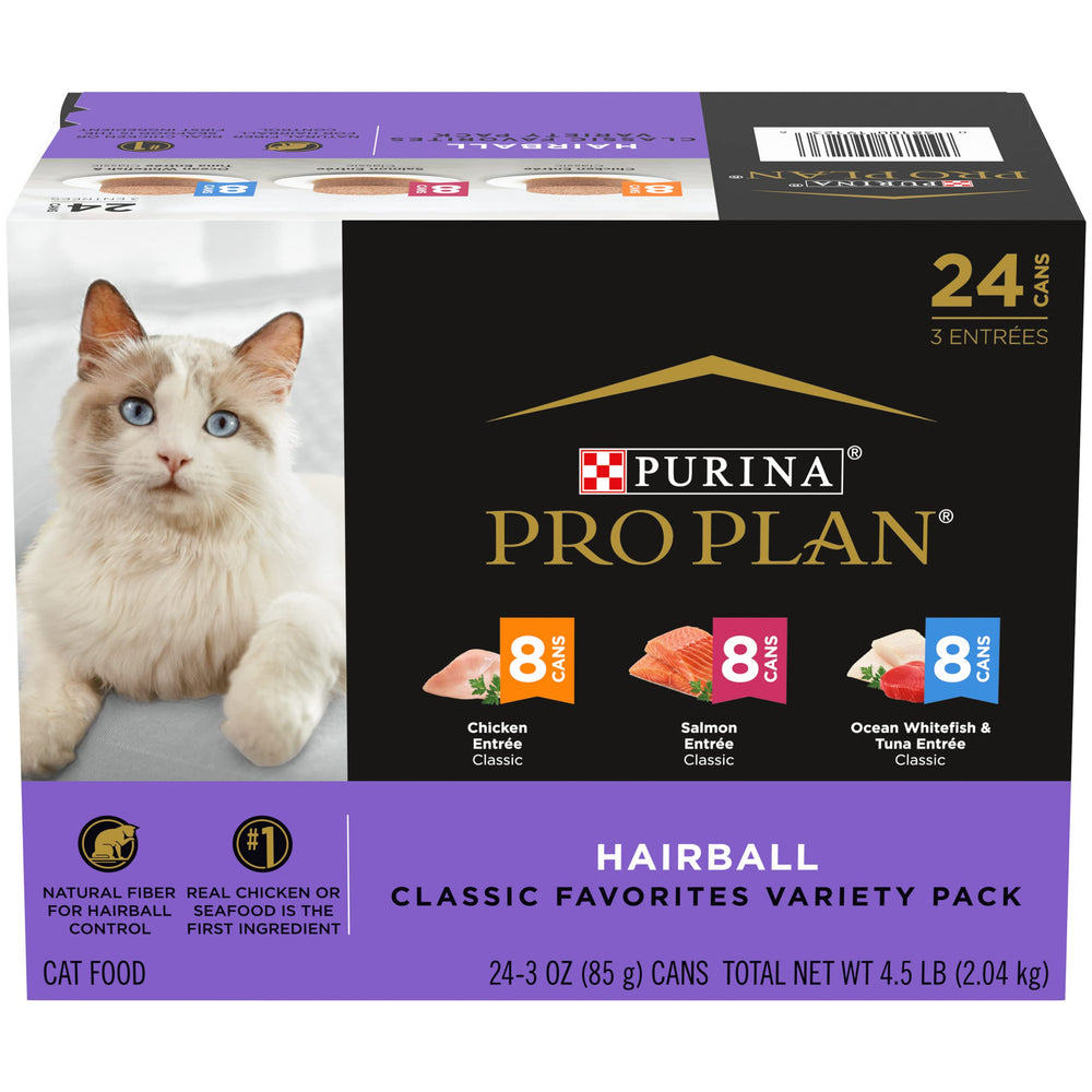 Purina Pro Plan variety pack front view showing three recipe cans and packaging benefits