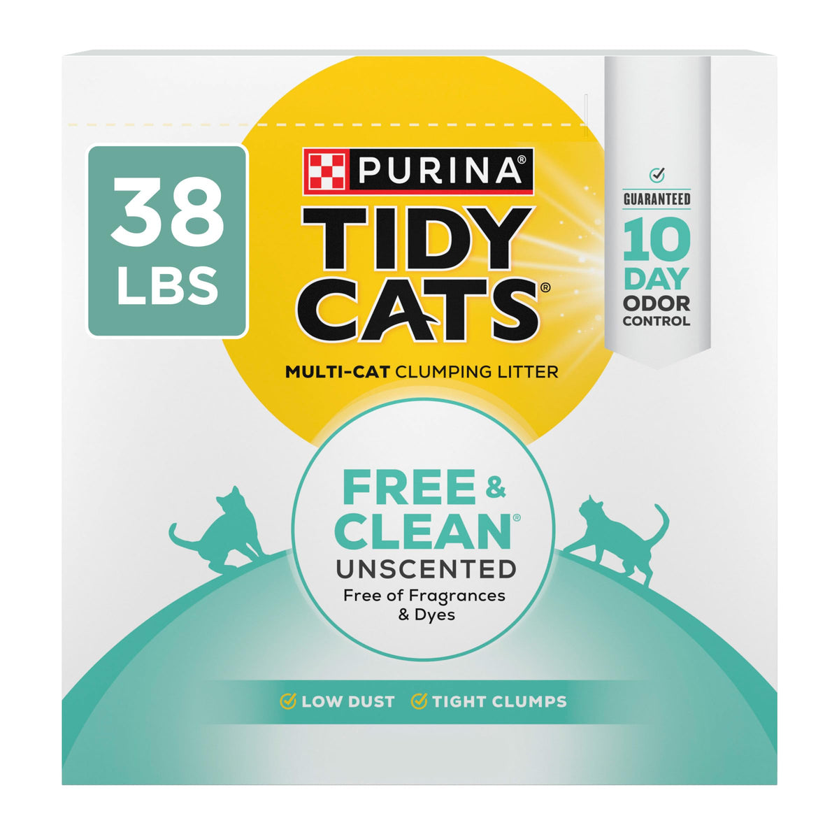 Purina Tidy Cats front box showing 38 lb packaging and benefits
