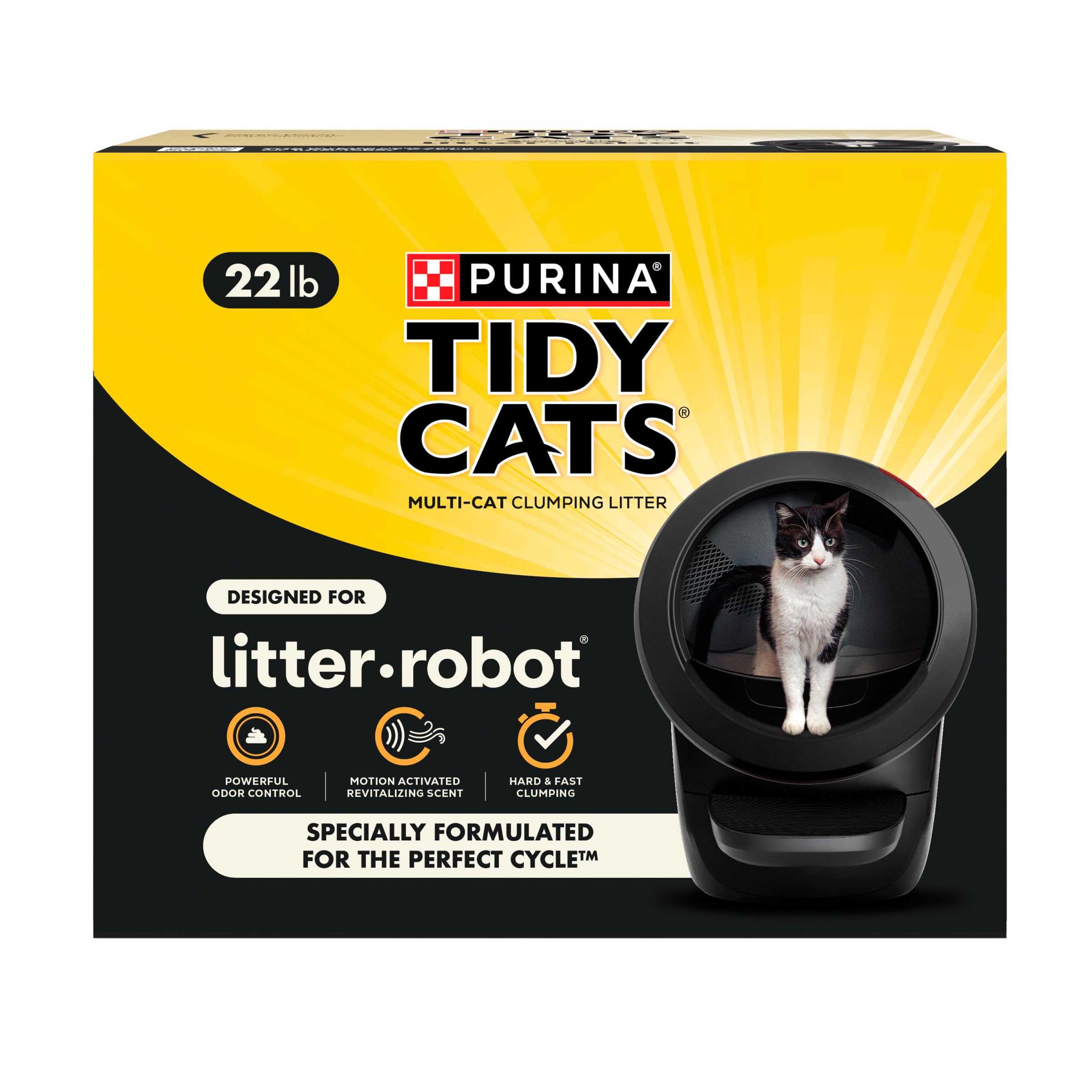 Purina Tidy Cats front packaging showing compatibility with Litter-Robot and benefits