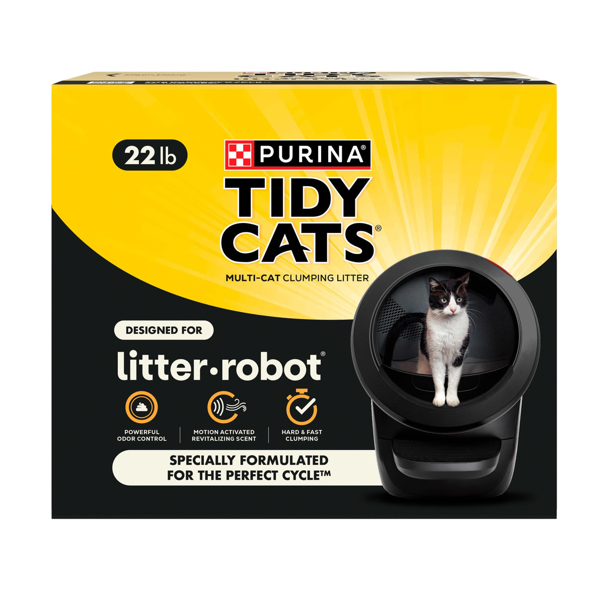 Purina Tidy Cats front packaging showing compatibility with Litter-Robot and benefits