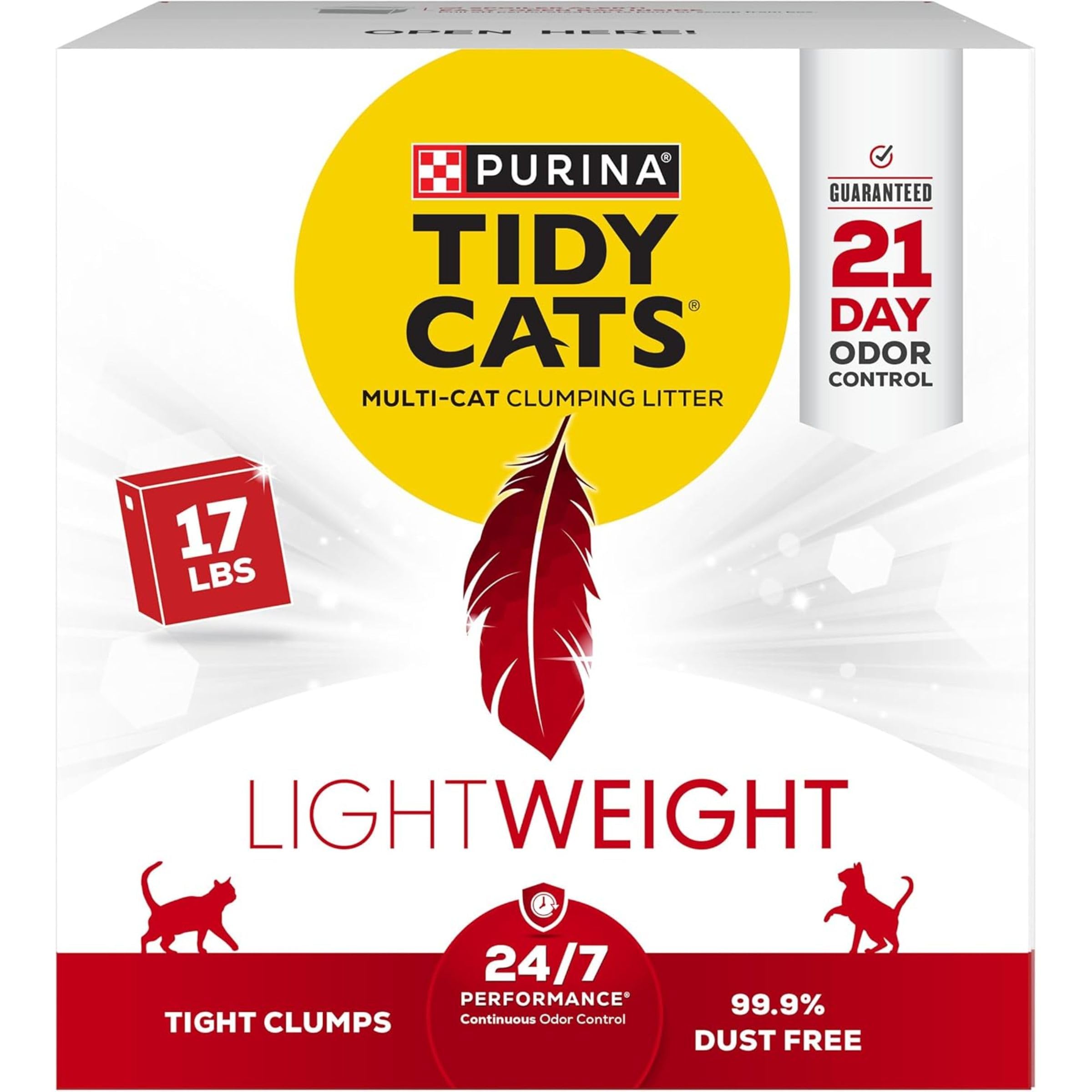 Purina Tidy Cats front packaging showing the 17 lb box and branding benefits