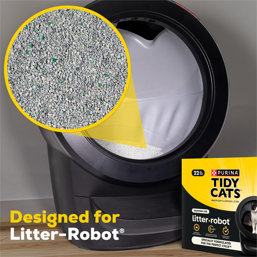 Purina Tidy Cats waste drawer illustration showing reduced odors and fresher home