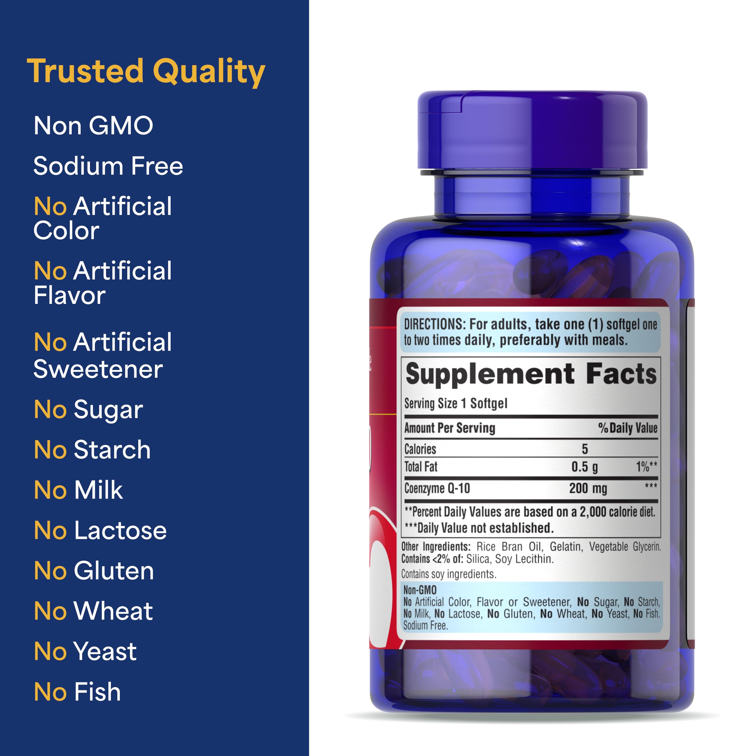 Puritan's Pride supplement label close-up showing CoQ10 dosage and ingredient details