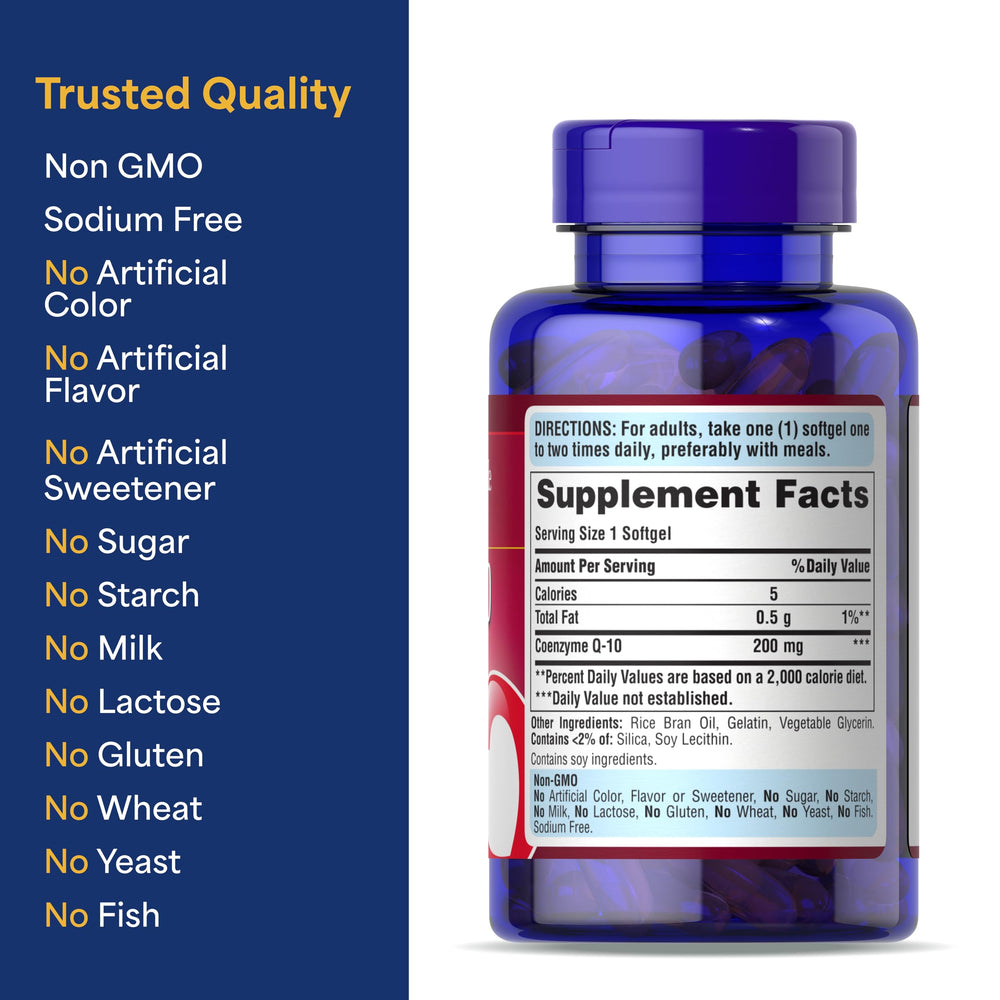 Puritan's Pride supplement label close-up showing CoQ10 dosage and ingredient details