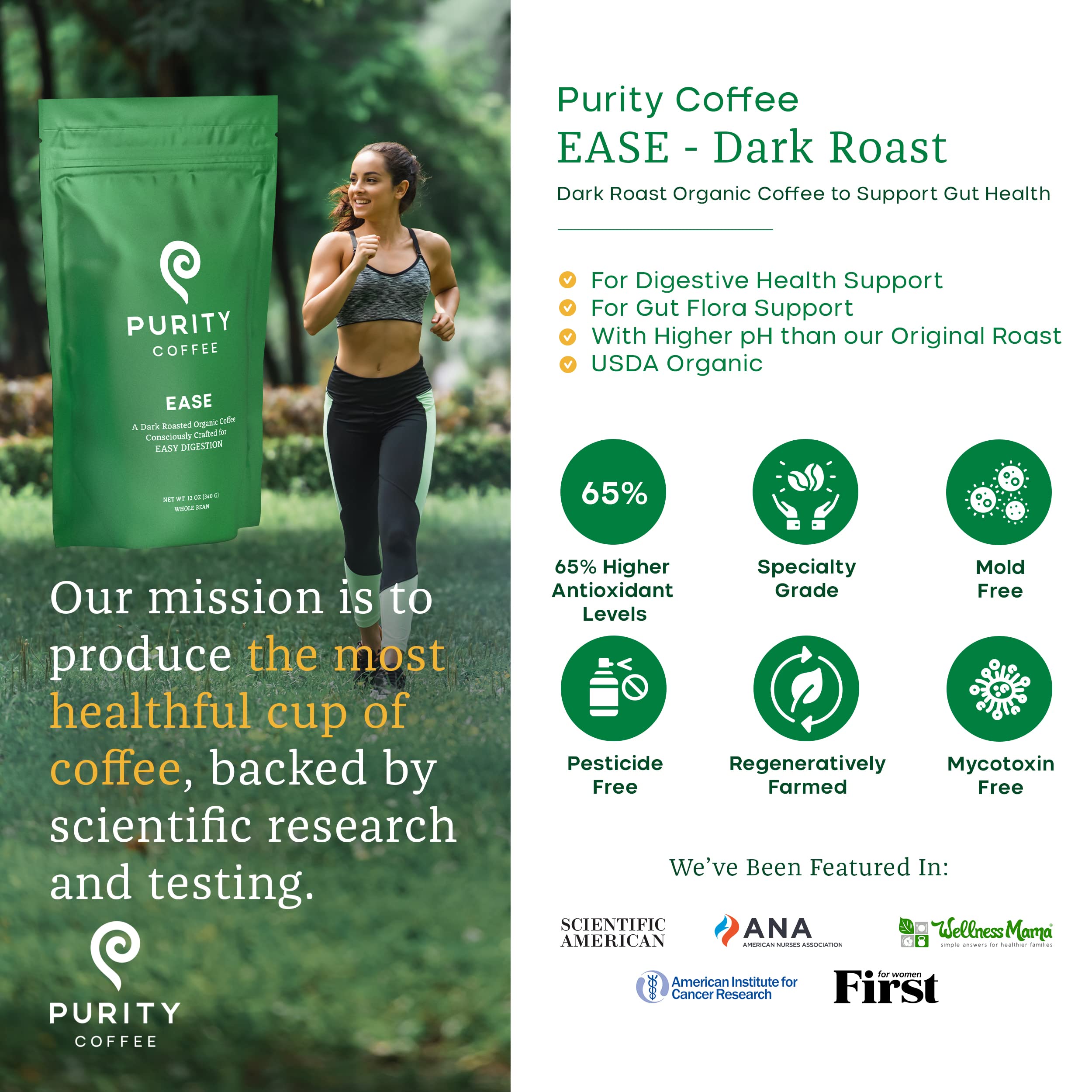 PURITY COFFEE whole beans texture detail showing specialty-grade quality benefit