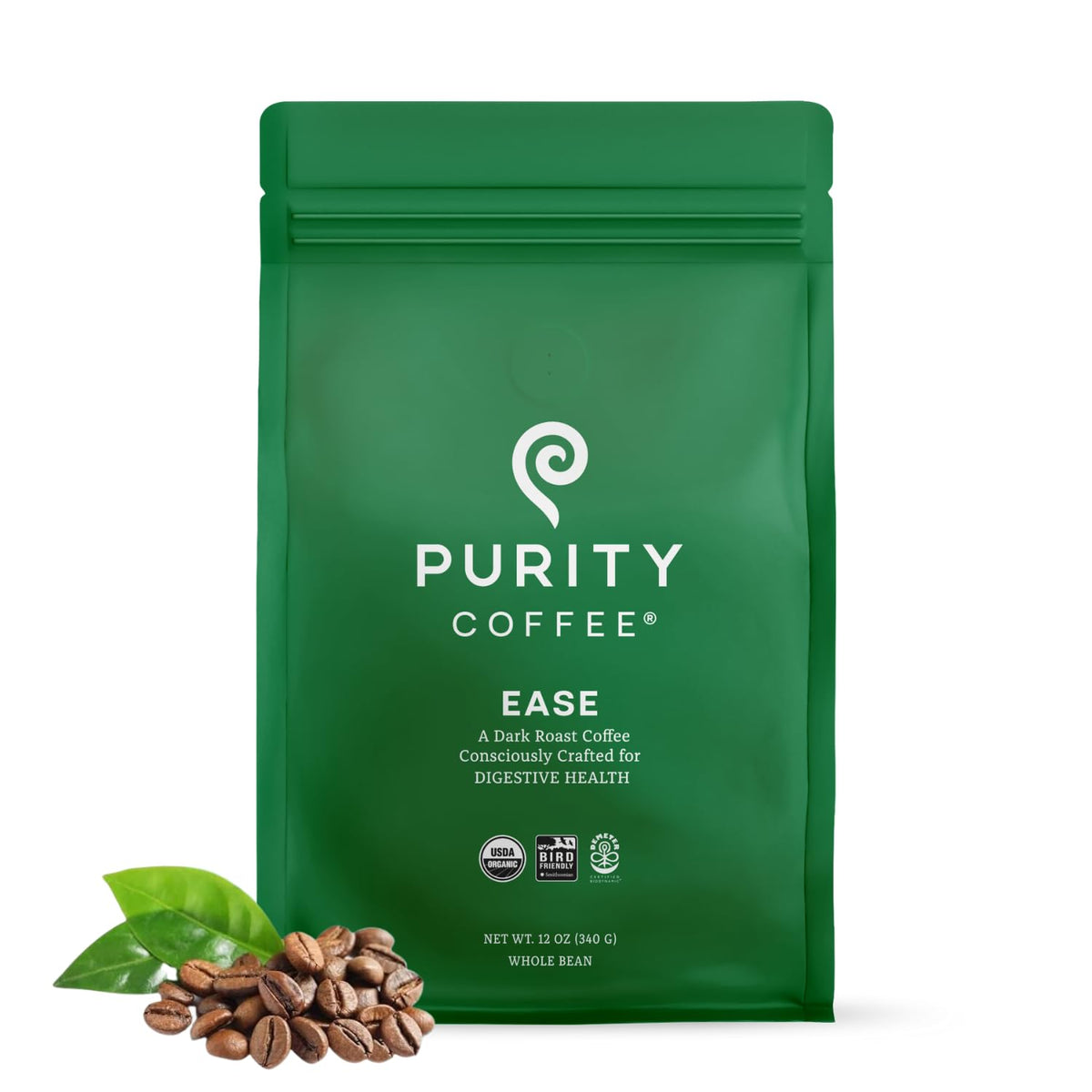 PURITY COFFEE front of bag showing EASE branding and certifications, clarity of sourcing benefit