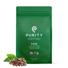PURITY COFFEE front of bag showing EASE branding and certifications, clarity of sourcing benefit
