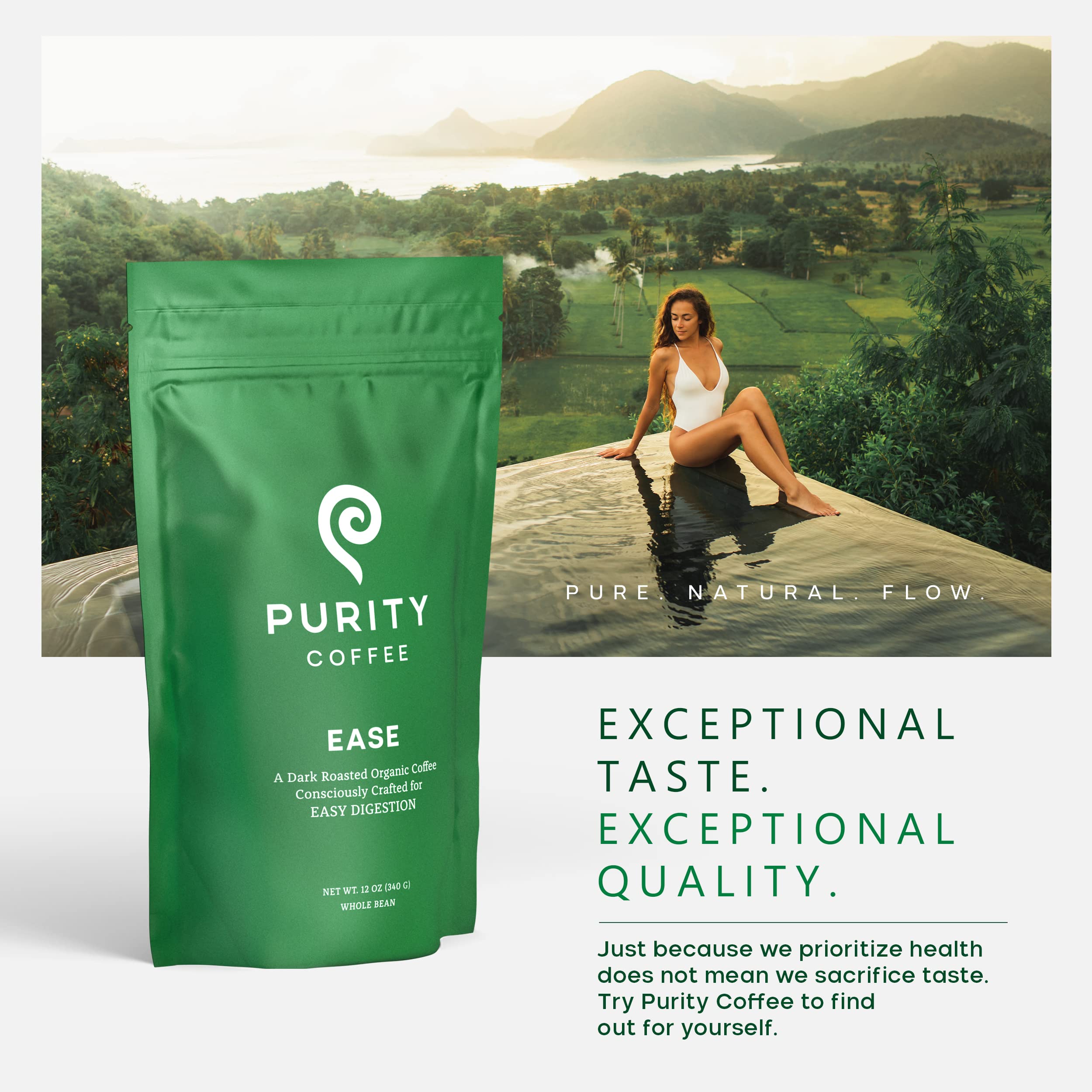 PURITY COFFEE 12oz bag next to common objects showing compact size and portability benefit