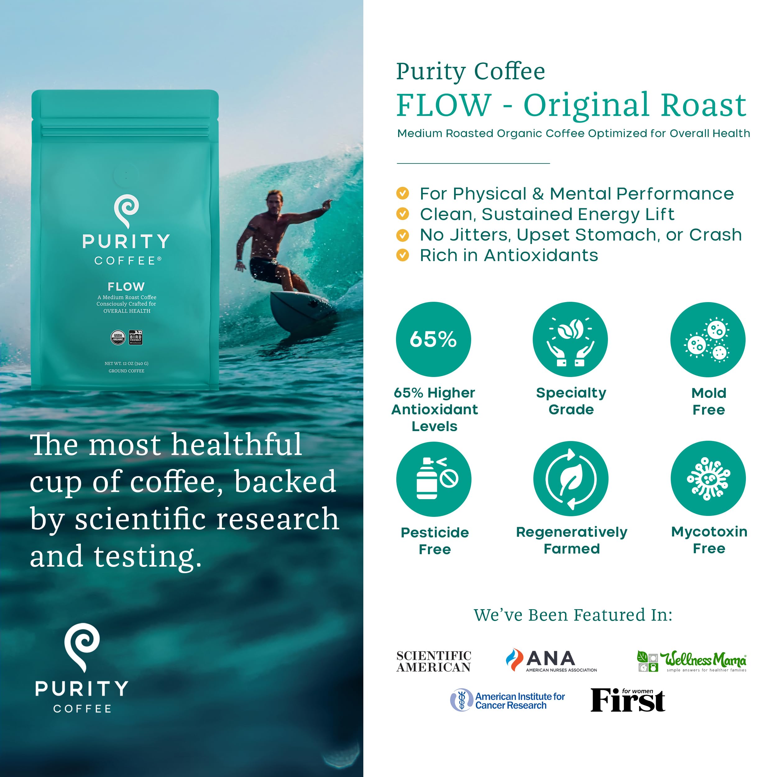 PURITY COFFEE open bag with nitrogen flush visible, preserves freshness benefit